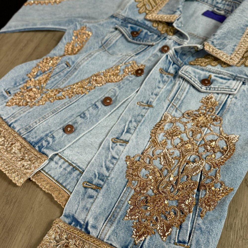 Denim Jacket Hand Embellished with appliqué, sequins, beads and embroidery - Picture 12 of 17